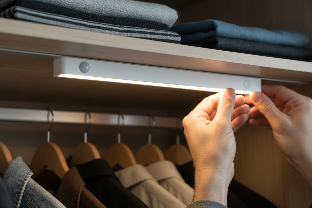 Ultra-realistic product usage photo of a Caucasian Dutch man around 40 years old attaching a slim, elongated rectangular LED motion sensor lamp onto a mounted magnetic strip under a wardrobe shelf. The lamp is matte white, with one single button clearly visible on the right side. The lamp snaps magnetically into place and emits a warm white light (3000K), illuminating clothes hanging below. Focus on hands and lamp, subtle motion sensor visible. Premium lifestyle photography, soft shadows, no text, no logos